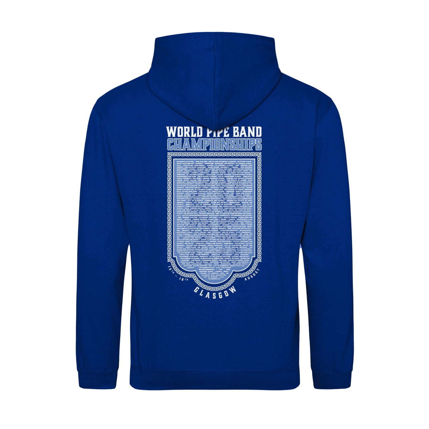 Back view of the 2025 Official 2025 Band Names Hoodie in Royal Blue - World Pipe Band Championships