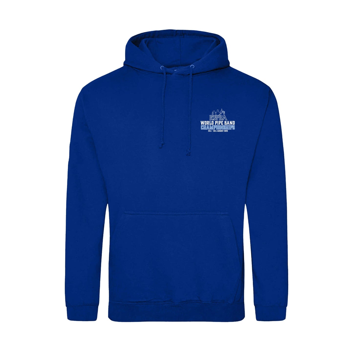 Front view of the 2025 Official 2025 Band Names Hoodie in Royal Blue - World Pipe Band Championships