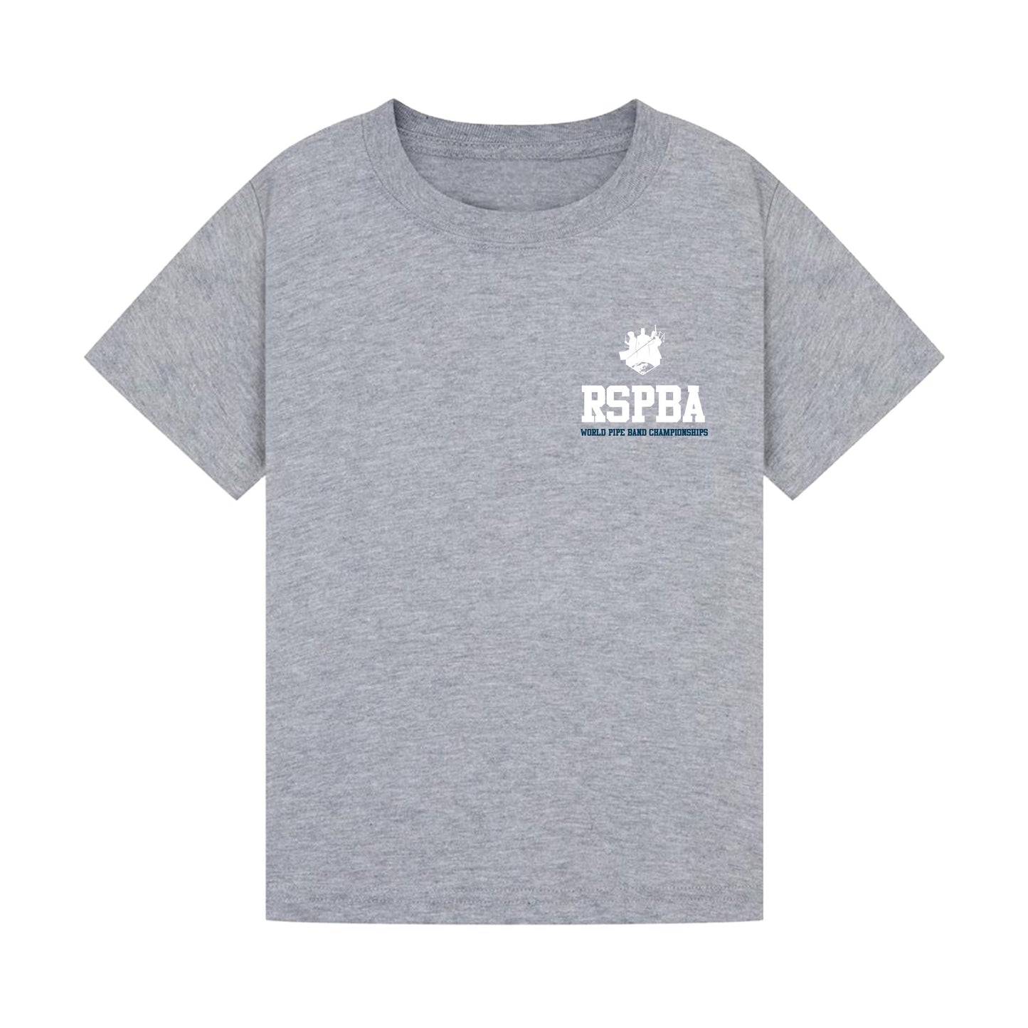 Front view of heather grey The Worlds Kids t-shirt with logo on left chest.