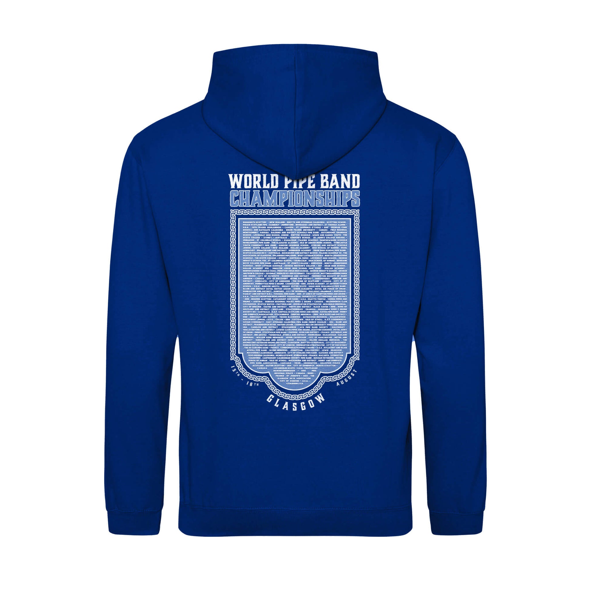 Back view of the 2025 Official 2025 Band Names Hoodie in Royal Blue - World Pipe Band Championships
