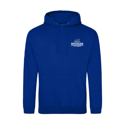 Front view of the 2025 Official 2025 Band Names Hoodie in Royal Blue - World Pipe Band Championships