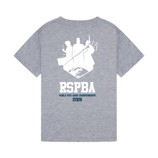 Back view of heather grey The Worlds Kids t-shirt with RSPBA logo design.