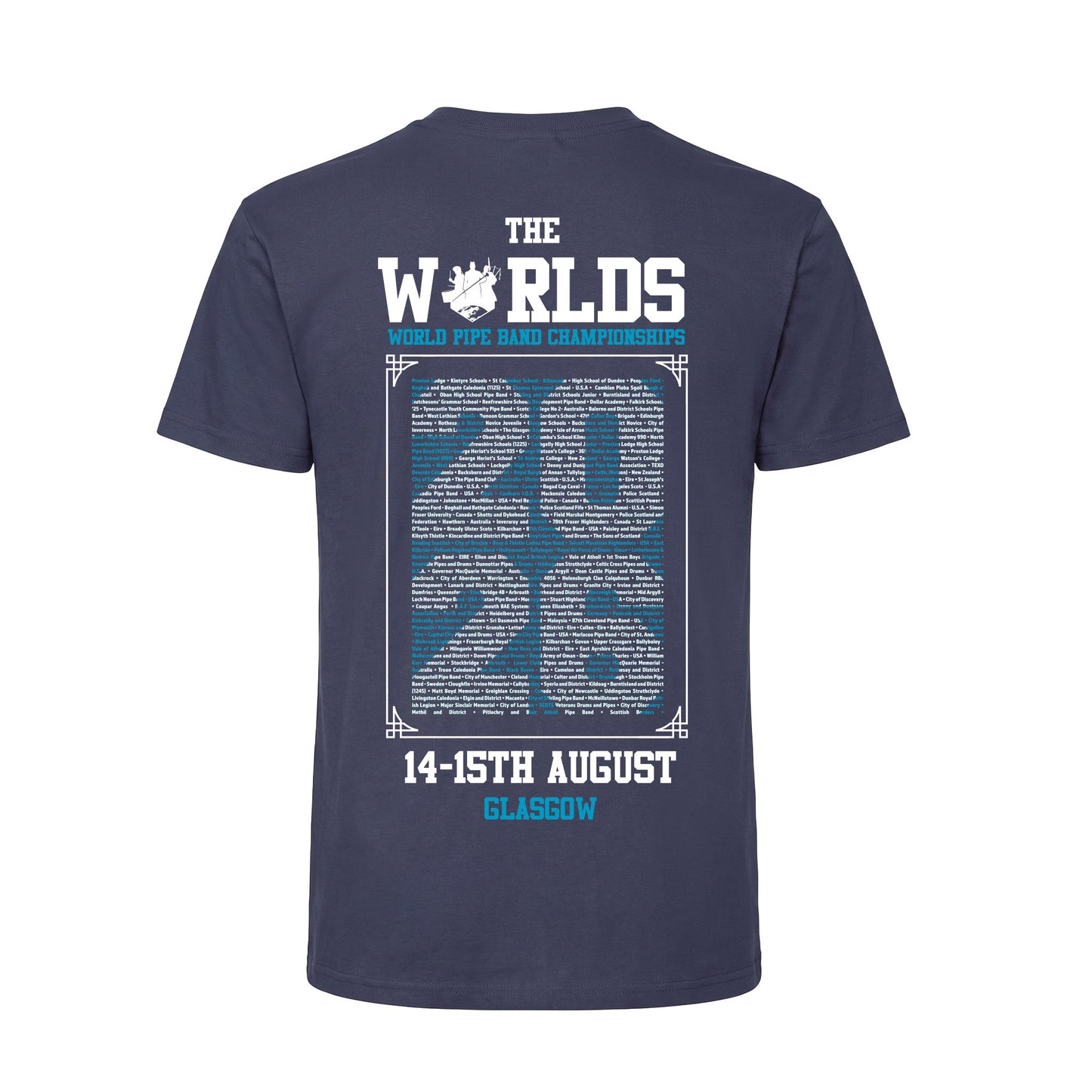 Back view of navy 2026 World Pipe Band Championships T-Shirt showing participating Pipe Bands design.