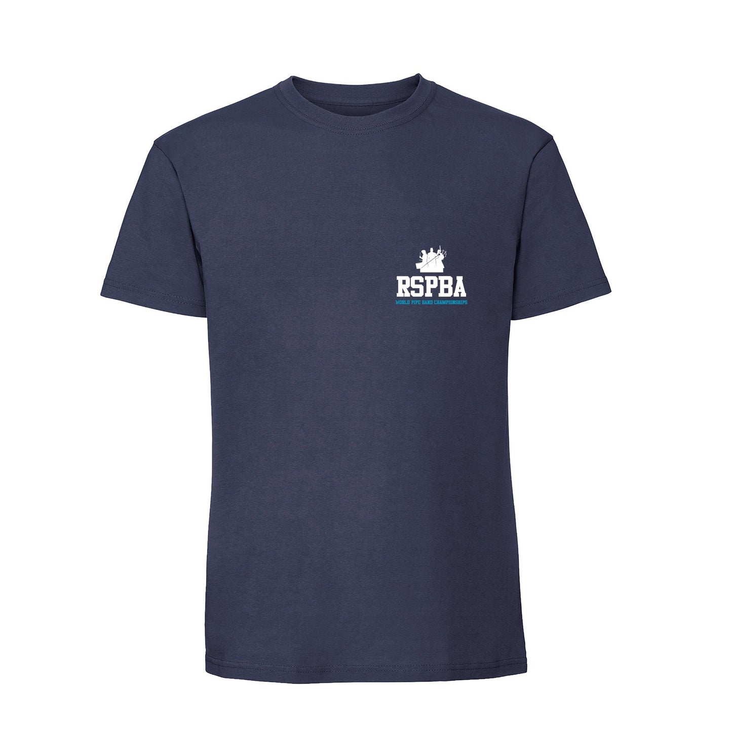 Back view of navy 2026 World Pipe Band Championships T-Shirt RSPBA logo design