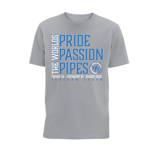 Pride, Passion, Pipes T-Shirt | Grey | World Pipe Band Championships